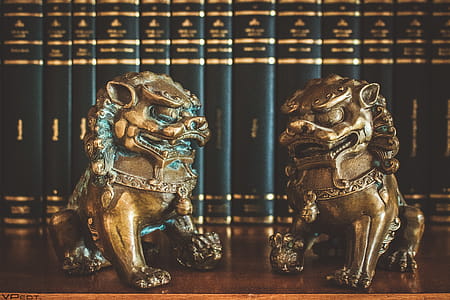 Two Brown Chinese Guardian Lions Figures on Table Top thumbnail