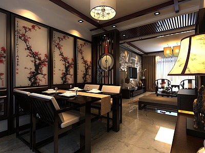black wooden table with four chairs inside lighted room thumbnail