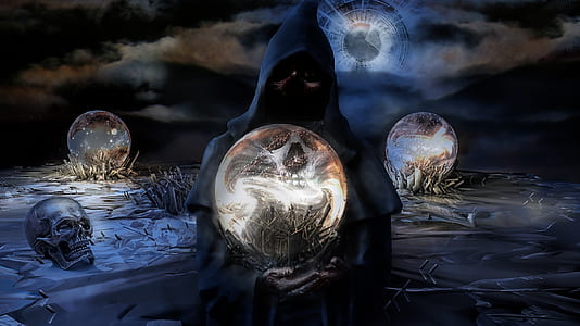 grim reaper holding glass ball graphic wallpaper thumbnail
