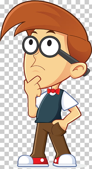 Cartoon Thought , thinking man, boy looking up while touching his chin PNG clipart