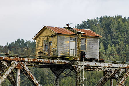 gray and beige wooden house on bridge thumbnail
