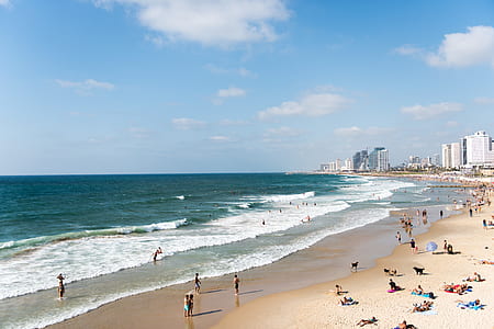 people on the beach under white clouds and blue sky thumbnail