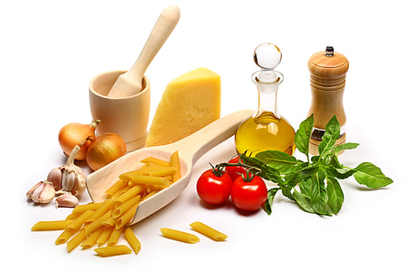 photo of pasta, red tomatoes, decanter filled with olive oil, pepper mill, and garlic gloves and bulb thumbnail