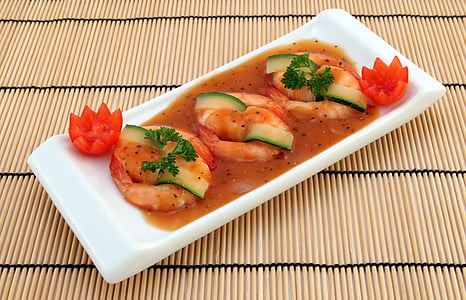shrimp with sauce on white ceramic plate thumbnail