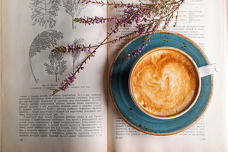 blue ceramic cup filled with cappuccino on top of ceramic saucer thumbnail