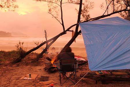 camping, beach, tarp, pink sky thumbnail