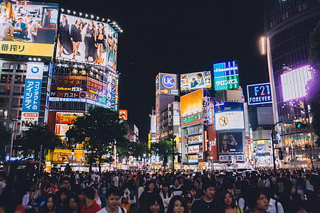 People Standing Near Buildings Under Night Sky thumbnail