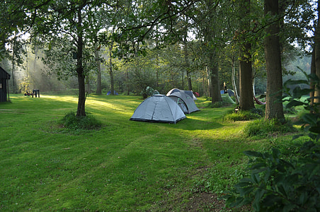 two gray dome tents surrounded by trees thumbnail