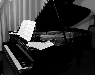 grayscale photography of grand piano thumbnail