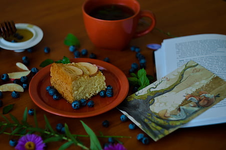 slice of cake surrounded by blue berries served on plate thumbnail