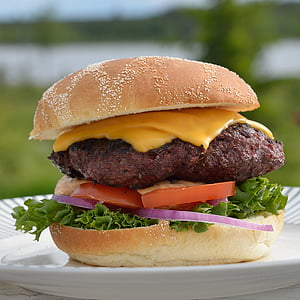 hamburger with vegetables and mustard on white plate thumbnail