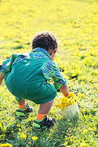 boy holding white bucket with yellow petaled flower bouquet thumbnail