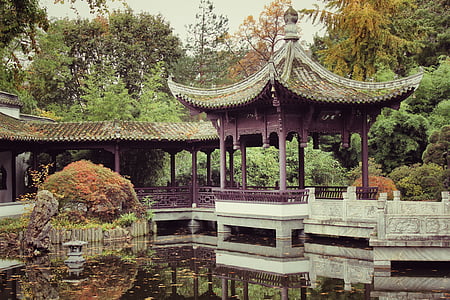 brown and green gazebo on pond near green leaf trees at daytime thumbnail