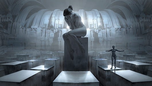naked woman sitting on gray column while holding her face thumbnail