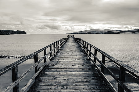 grayscale photo of wooden dock surrounded body of water thumbnail