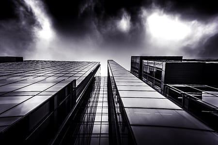 grayscale photo of worm eye photography of high-rise building thumbnail
