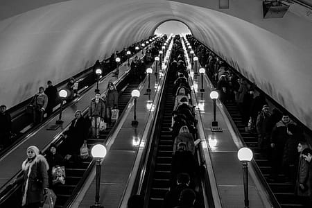 Grayscale Photo of Escalator thumbnail