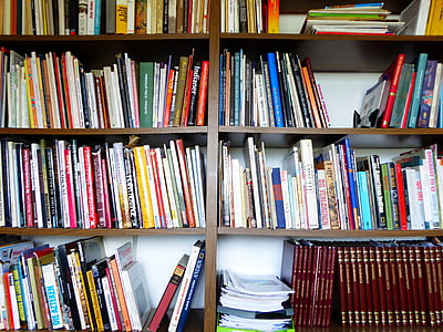 book collection on wooden shelf thumbnail