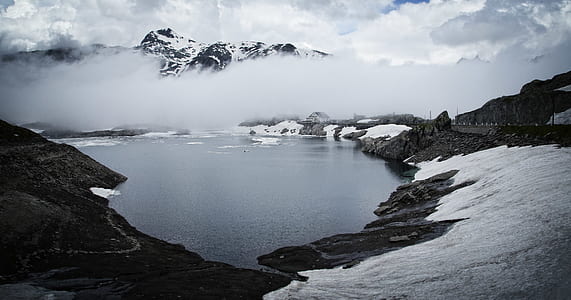 snow, mountains, winter, fog thumbnail