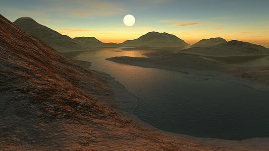 body of water surrounded with mountains during sunset thumbnail