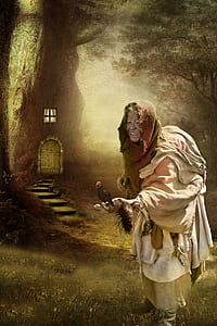 hunchback woman holding bird surrounded by trees thumbnail