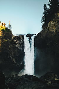Waterfalls Near House Under Clear Blue Sky thumbnail
