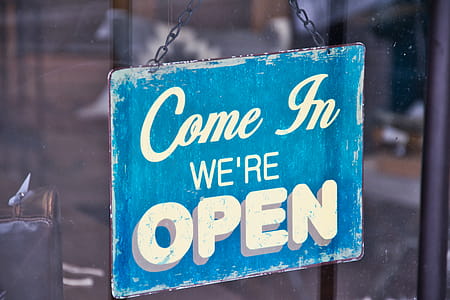 Blue and White Come in We're Open Signboard thumbnail
