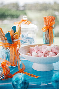 white and pink mallows on white ceramic footed bowl thumbnail