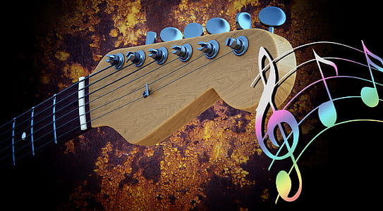 brown wooden guitar headstock with musical note digital wallpaper thumbnail