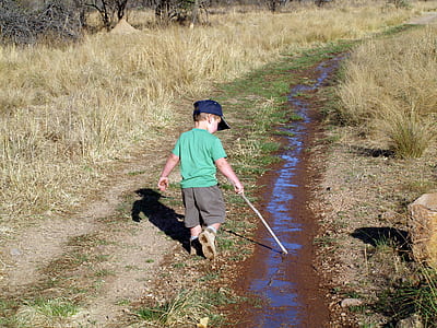 boy holding stick standing on grass field thumbnail