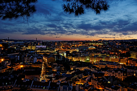 buildings with lights under pale evening sky thumbnail