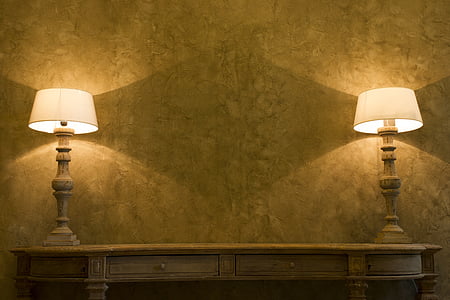 two brown-and-white table lamps turned on thumbnail