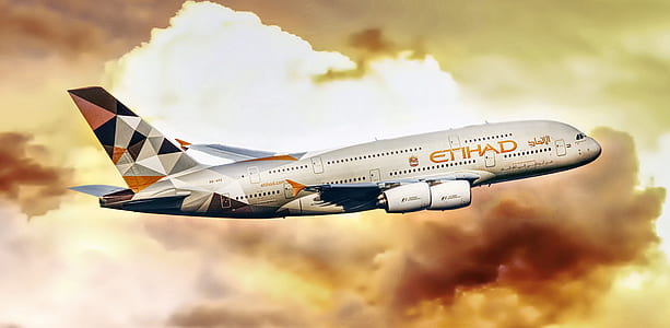 white, orange, and black Etihad air bus flying near white clouds thumbnail