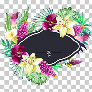 Flower garden, Hand painted watercolor beautiful flower borders, black, green, and yellow petaled flowers illustration PNG clipart