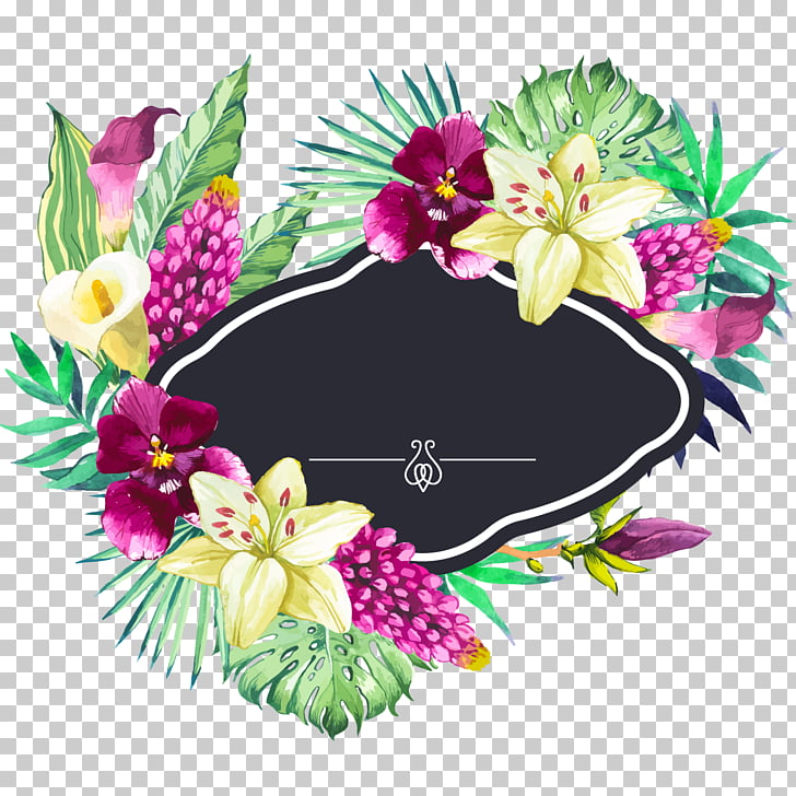 Flower garden, Hand painted watercolor beautiful flower borders, black, green, and yellow petaled flowers illustration PNG clipart