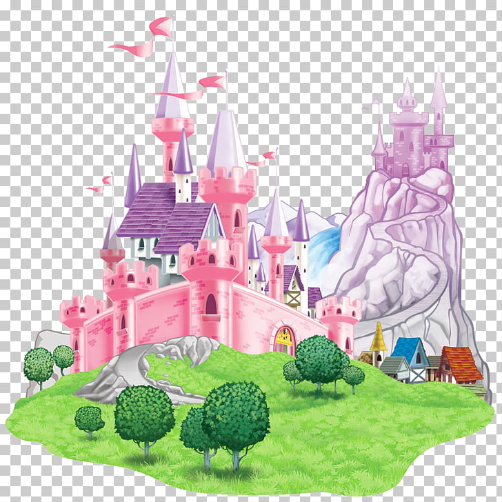Belle Princess Aurora Ariel Disney Princess, Transparent Castle , pink castle with flags near trees illustration PNG clipart