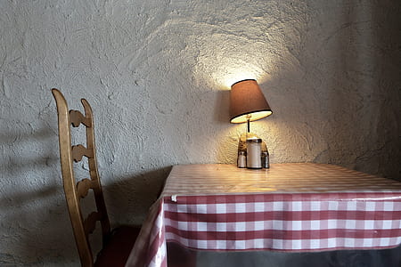 brown table lamp on table with gingham tablecloth thumbnail