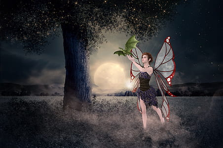 fairy holding baby dragon near tree digital wallpaper thumbnail