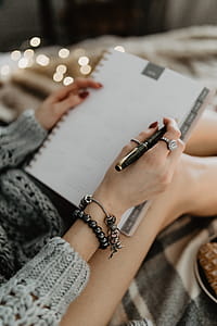 Writing in a notebook lying in bed, with coffee, candles, and gingerbreads thumbnail
