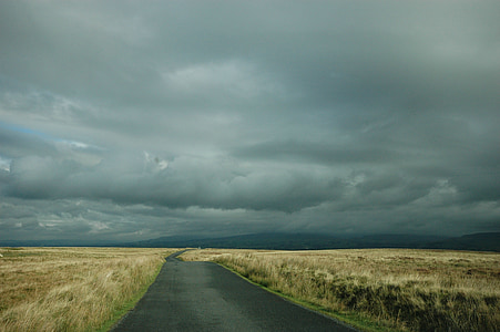 gray road between brown grass field under cloudy sky thumbnail