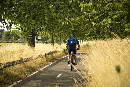 man riding on bicycle near green trees at daytime thumbnail