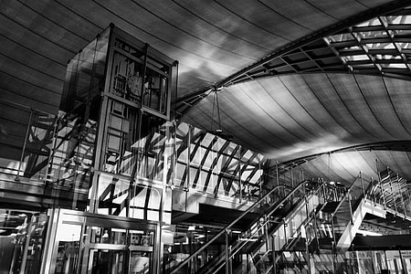 Black and white image captured inside the stunning architecture of the Bangkok Airport, Thailand. The Thai name for the airport is ‘Suvarnabhumi’ thumbnail