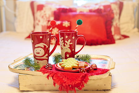 cookie on red ceramic saucer near red ceramic mug thumbnail
