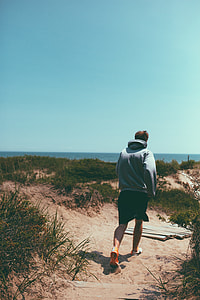 man wearing grey pull-over hoodie and black shorts standing on brown sand during daytime thumbnail