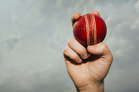 Man holding cricket ball in his hand thumbnail