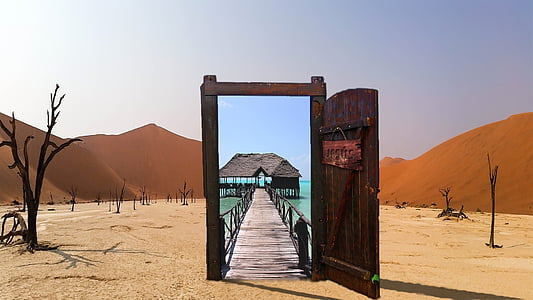 brown wooden frame with dock bridge and house painting thumbnail