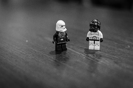 greyscale photo of two LEGO Star Wars troopers mini figurines thumbnail