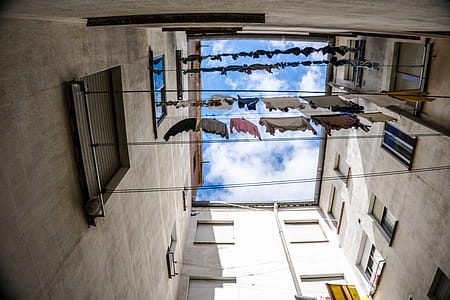 Assorted Clothes Hanging on Wire thumbnail