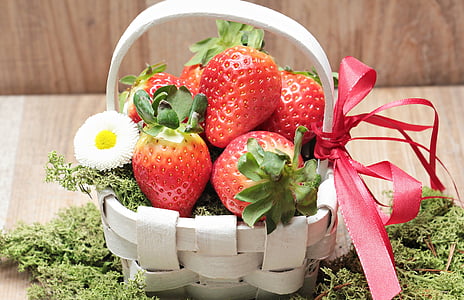 ripe strawberries on white wooden basket thumbnail