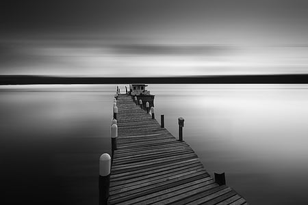 grayscale photo of wooden dock on body of calm water thumbnail